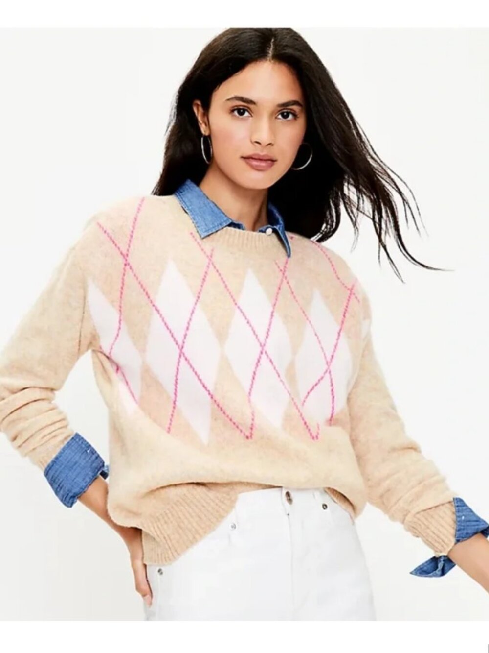 LOFT Cream & Pink Argyle Crewneck Sweater Preppy Academia Heritage Timeless